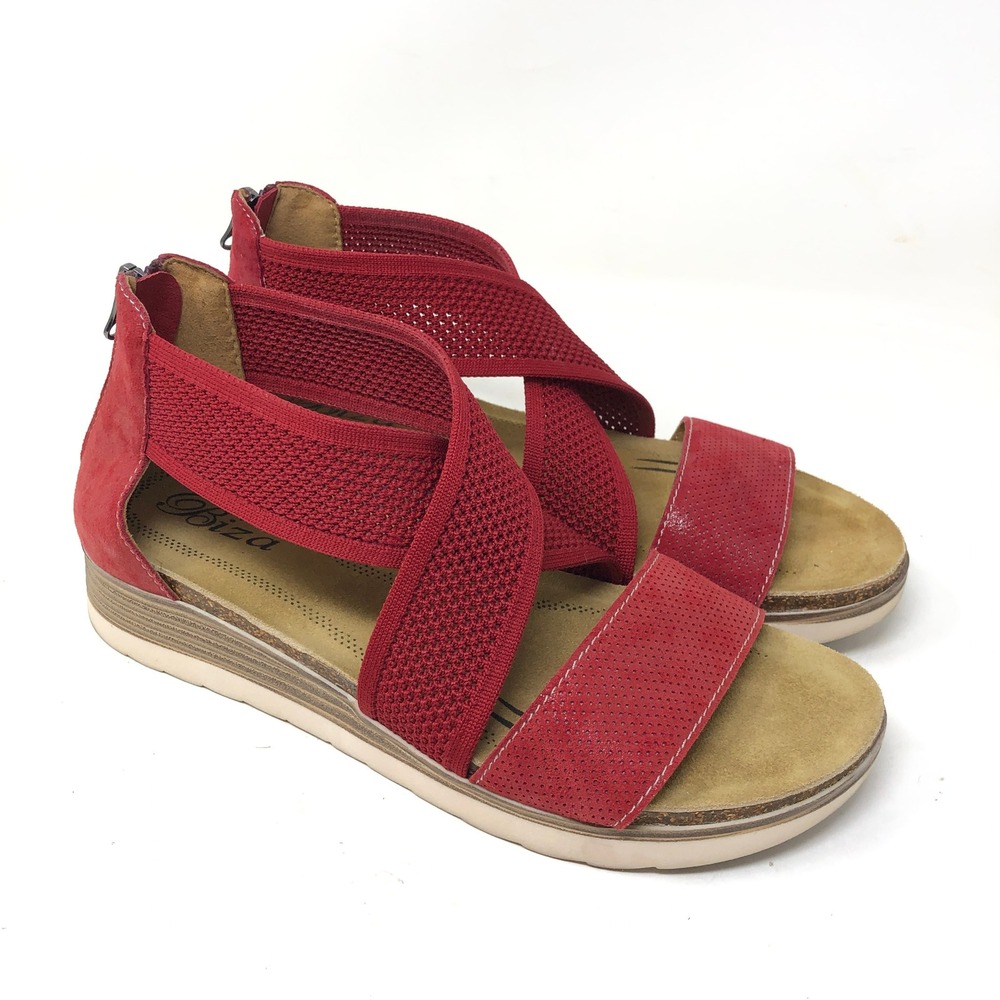 Biza Womens 39 Sandals Bree Red Suede Cross Strap Back Zip Low Wedge US 8-8.5